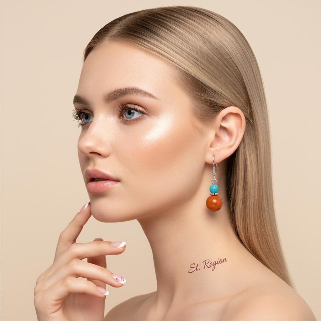 Brown Jade and Turqouise Silvertone ‌Gourd-Shape Hook Earrings, silver drop earrings for women, styled look