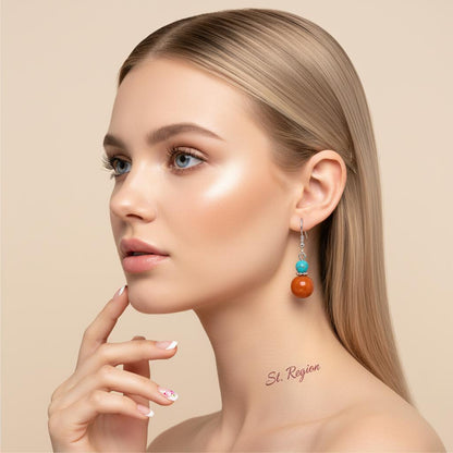 Brown Jade and Turqouise Silvertone ‌Gourd-Shape Hook Earrings, silver drop earrings for women, styled look