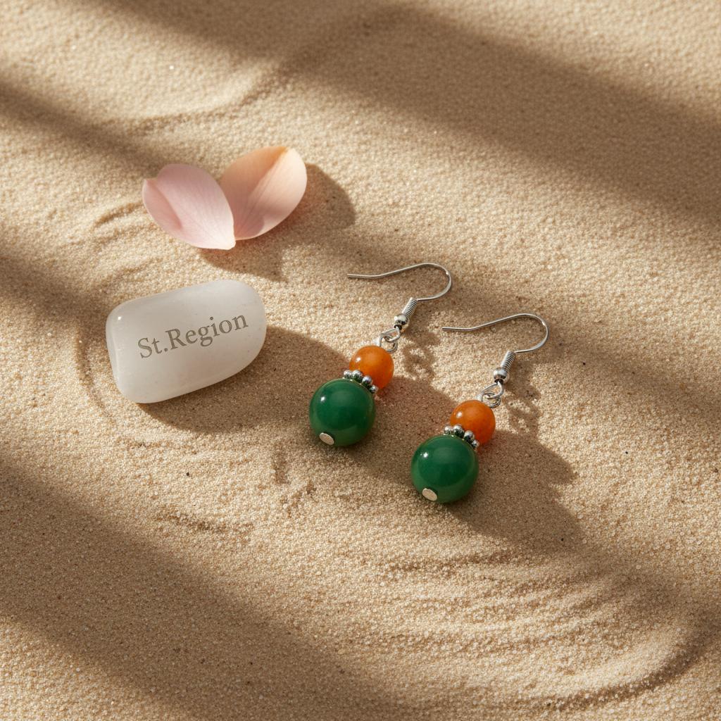 Orange and Green Jade Silvertone ‌Gourd-Shape Hook Earrings, silver drop earrings for women, detail close-up