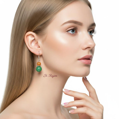 Orange and Green Jade Silvertone ‌Gourd-Shape Hook Earrings, silver drop earrings for women, styled look