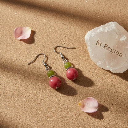 Orange and Red Jade Silvertone ‌Gourd-Shape Hook Earrings, silver drop earrings for women, everyday style, detail close-up
