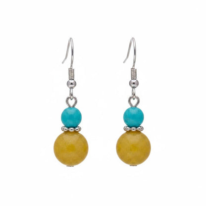 Blue and Yellow Jade Silvertone ‌Gourd-Shape Hook Earrings, silver drop earrings for women, botanical inspired, side view