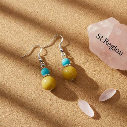 Blue and Yellow Jade Silvertone ‌Gourd-Shape Hook Earrings, silver drop earrings for women, detail close-up
