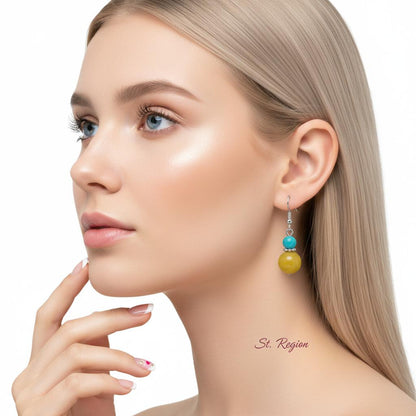 Blue and Yellow Jade Silvertone ‌Gourd-Shape Hook Earrings, silver drop earrings for women, botanical inspired, styled look