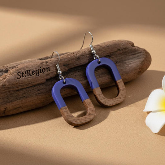 Purple Resin and Wood Silvertone Open Rectangle Hook Earrings, gold drop earrings for women, botanical inspired, front view