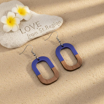 Purple Resin and Wood Silvertone Open Rectangle Hook Earrings, silver drop earrings for women, lifestyle look