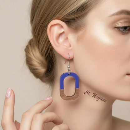 Purple Resin and Wood Silvertone Open Rectangle Hook Earrings, silver drop earrings for women, styled look