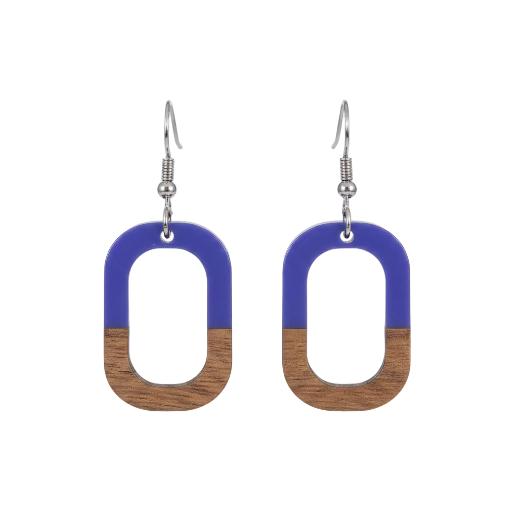 Purple Resin & Wood Silvertone Open Rectangle Hook Earrings - Street Region