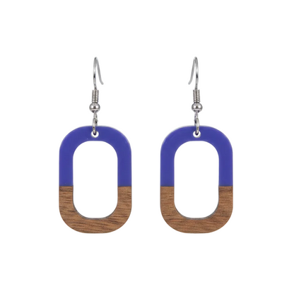 Purple Resin & Wood Silvertone Open Rectangle Hook Earrings - Street Region