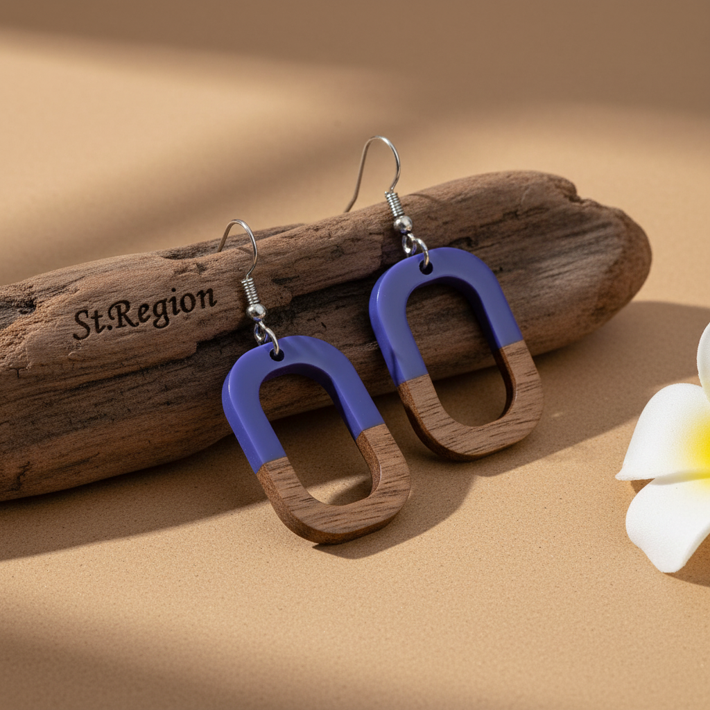 Purple Resin & Wood Silvertone Open Rectangle Hook Earrings - Street Region