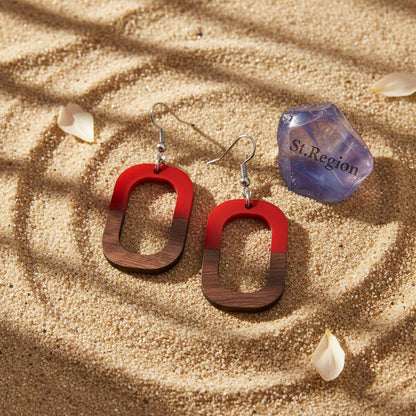 Red Resin and Wood Silvertone Open Rectangle Hook Earrings, silver drop earrings for women, detail close-up