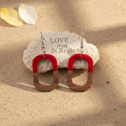 Red Resin and Wood Silvertone Open Rectangle Hook Earrings, silver drop earrings for women, lifestyle look