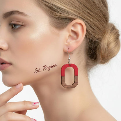 Red Resin and Wood Silvertone Open Rectangle Hook Earrings, silver drop earrings for women, styled look