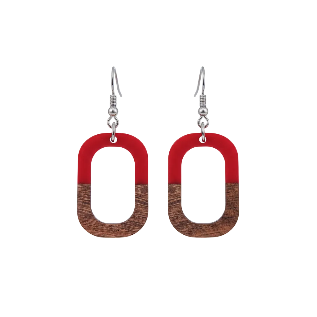 Red Resin & Wood Silvertone Open Rectangle Hook Earrings - Street Region
