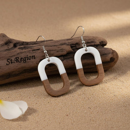 White Resin and Wood Silvertone Open Rectangle Hook Earrings, silver drop earrings for women, front view