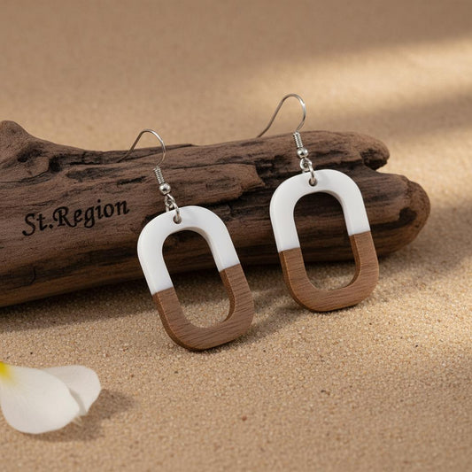 White Resin and Wood Silvertone Open Rectangle Hook Earrings, gold drop earrings for women, front view