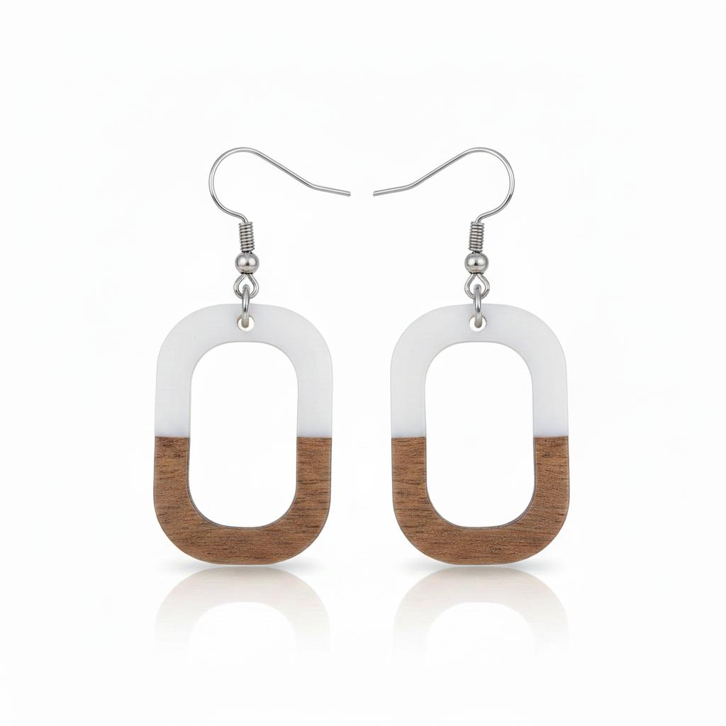 White Resin and Wood Silvertone Open Rectangle Hook Earrings, silver drop earrings for women, side view