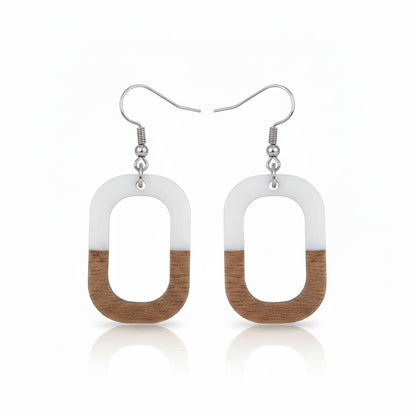 White Resin and Wood Silvertone Open Rectangle Hook Earrings, silver drop earrings for women, side view