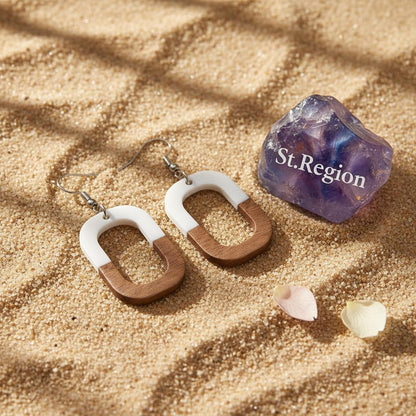 White Resin and Wood Silvertone Open Rectangle Hook Earrings, silver drop earrings for women, detail close-up