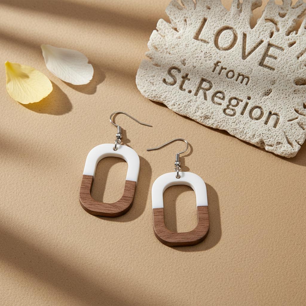 White Resin and Wood Silvertone Open Rectangle Hook Earrings, silver drop earrings for women, lifestyle look