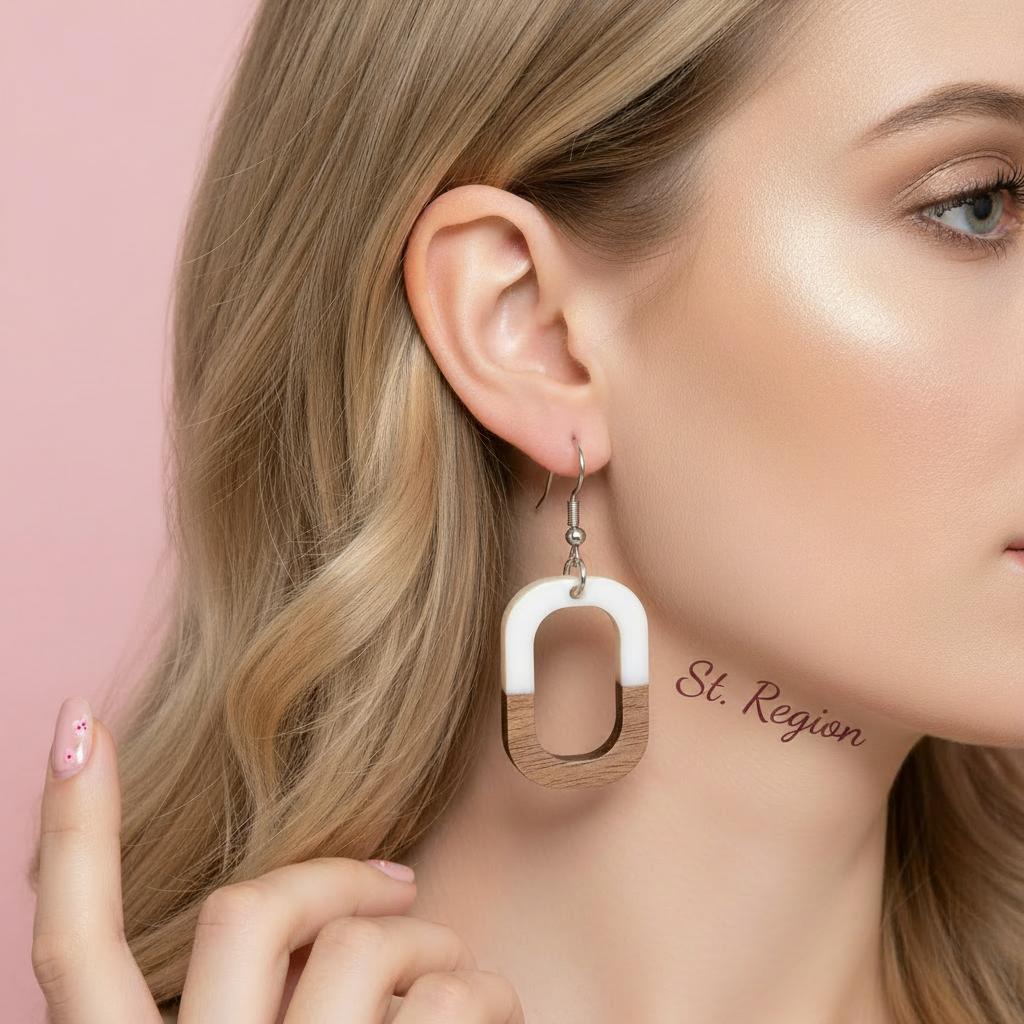 White Resin and Wood Silvertone Open Rectangle Hook Earrings, silver drop earrings for women, styled look