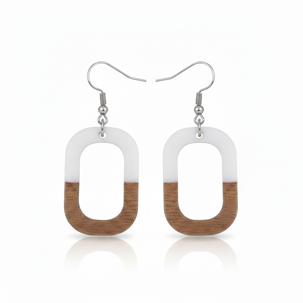 White Resin & Wood Silvertone Open Rectangle Hook Earrings - Street Region