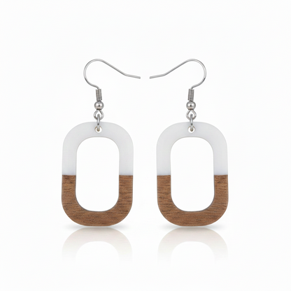 White Resin & Wood Silvertone Open Rectangle Hook Earrings - Street Region
