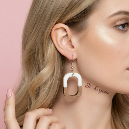 White Resin & Wood Silvertone Open Rectangle Hook Earrings - Street Region