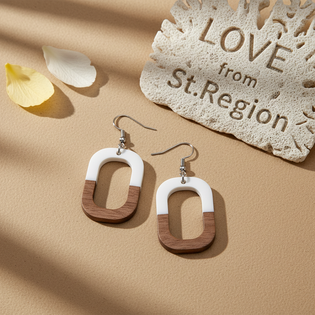 White Resin & Wood Silvertone Open Rectangle Hook Earrings - Street Region