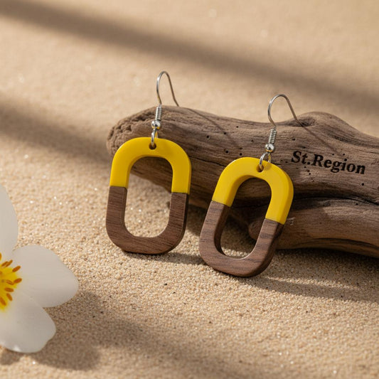 Yellow Resin and Wood Silvertone Open Rectangle Hook Earrings, gold drop earrings for women, front view