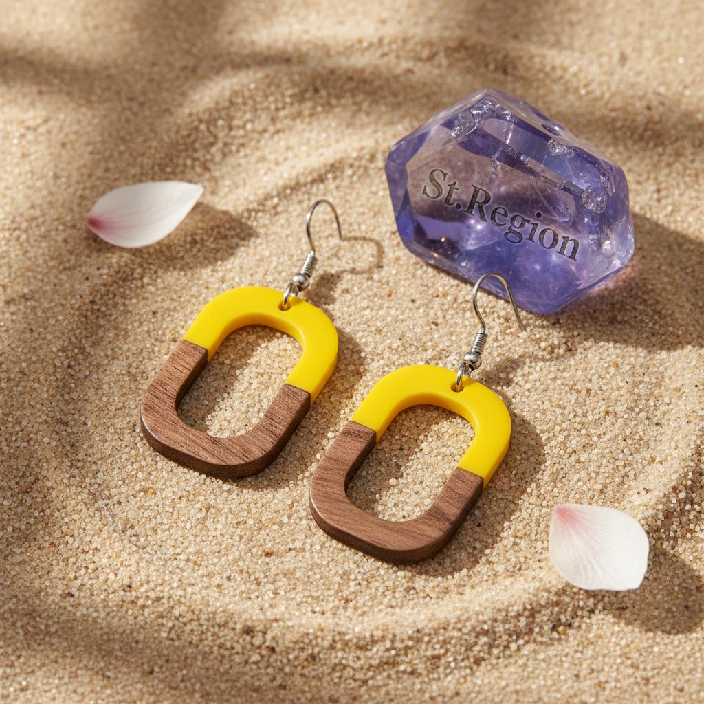 Yellow Resin and Wood Silvertone Open Rectangle Hook Earrings, silver drop earrings for women, detail close-up