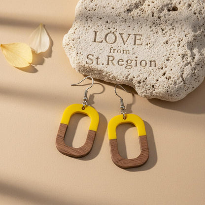 Yellow Resin and Wood Silvertone Open Rectangle Hook Earrings, silver drop earrings for women, lifestyle look