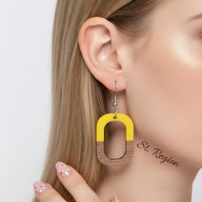 Yellow Resin and Wood Silvertone Open Rectangle Hook Earrings, silver drop earrings for women, styled look