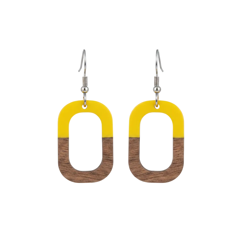 Yellow Resin & Wood Silvertone Open Rectangle Hook Earrings - Street Region