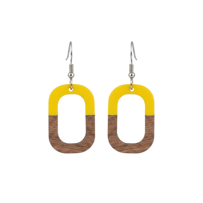 Yellow Resin & Wood Silvertone Open Rectangle Hook Earrings - Street Region