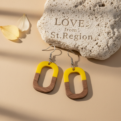 Yellow Resin & Wood Silvertone Open Rectangle Hook Earrings - Street Region