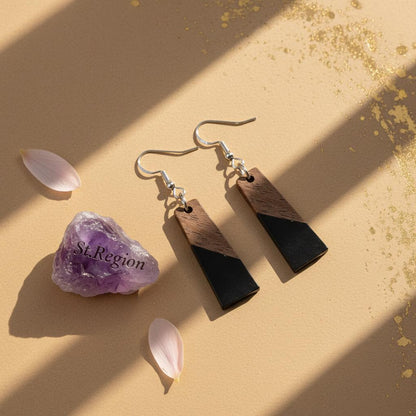 Black Resin and Wood Silvertone Patchwork Trapezoidâ€?Hook Earrings, silver drop earrings for women, detail close-up