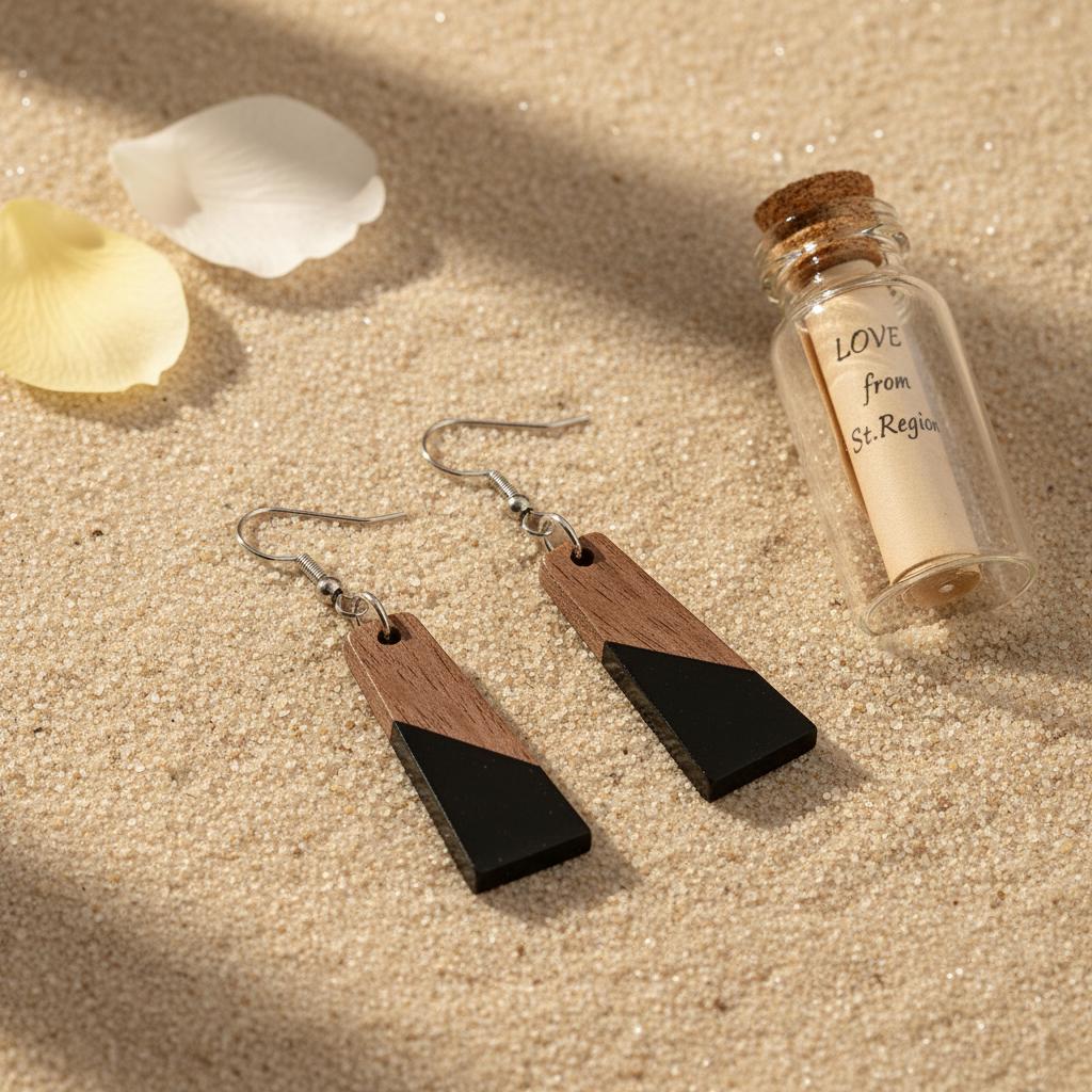 Black Resin and Wood Silvertone Patchwork Trapezoidâ€?Hook Earrings, silver drop earrings for women, lifestyle look