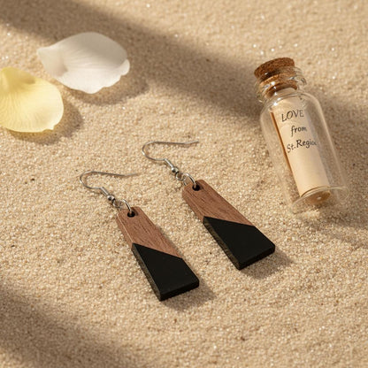 Black Resin and Wood Silvertone Patchwork Trapezoidâ€?Hook Earrings, silver drop earrings for women, lifestyle look