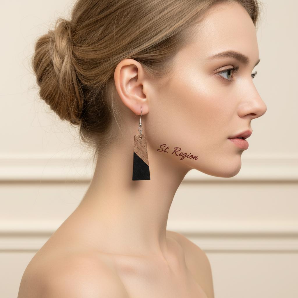 Black Resin and Wood Silvertone Patchwork Trapezoidâ€?Hook Earrings, silver drop earrings for women, styled look