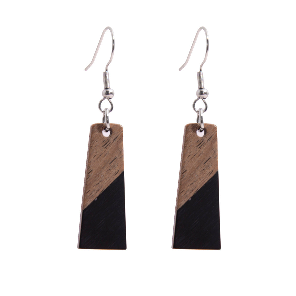 Black Resin & Wood Silvertone Patchwork Trapezoid‌ Hook Earrings - Street Region