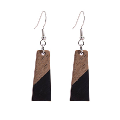 Black Resin & Wood Silvertone Patchwork Trapezoid‌ Hook Earrings - Street Region