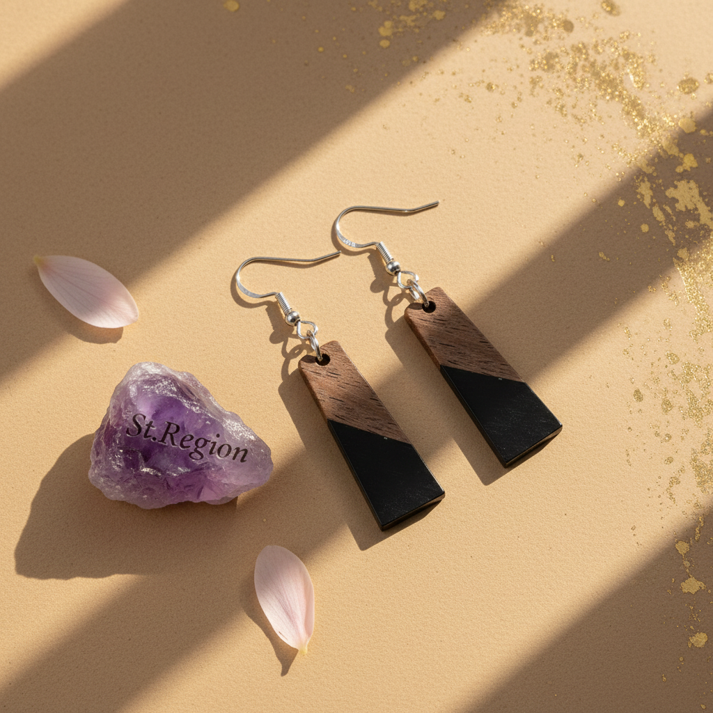 Black Resin & Wood Silvertone Patchwork Trapezoid‌ Hook Earrings - Street Region