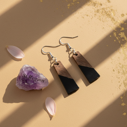 Black Resin & Wood Silvertone Patchwork Trapezoid‌ Hook Earrings - Street Region