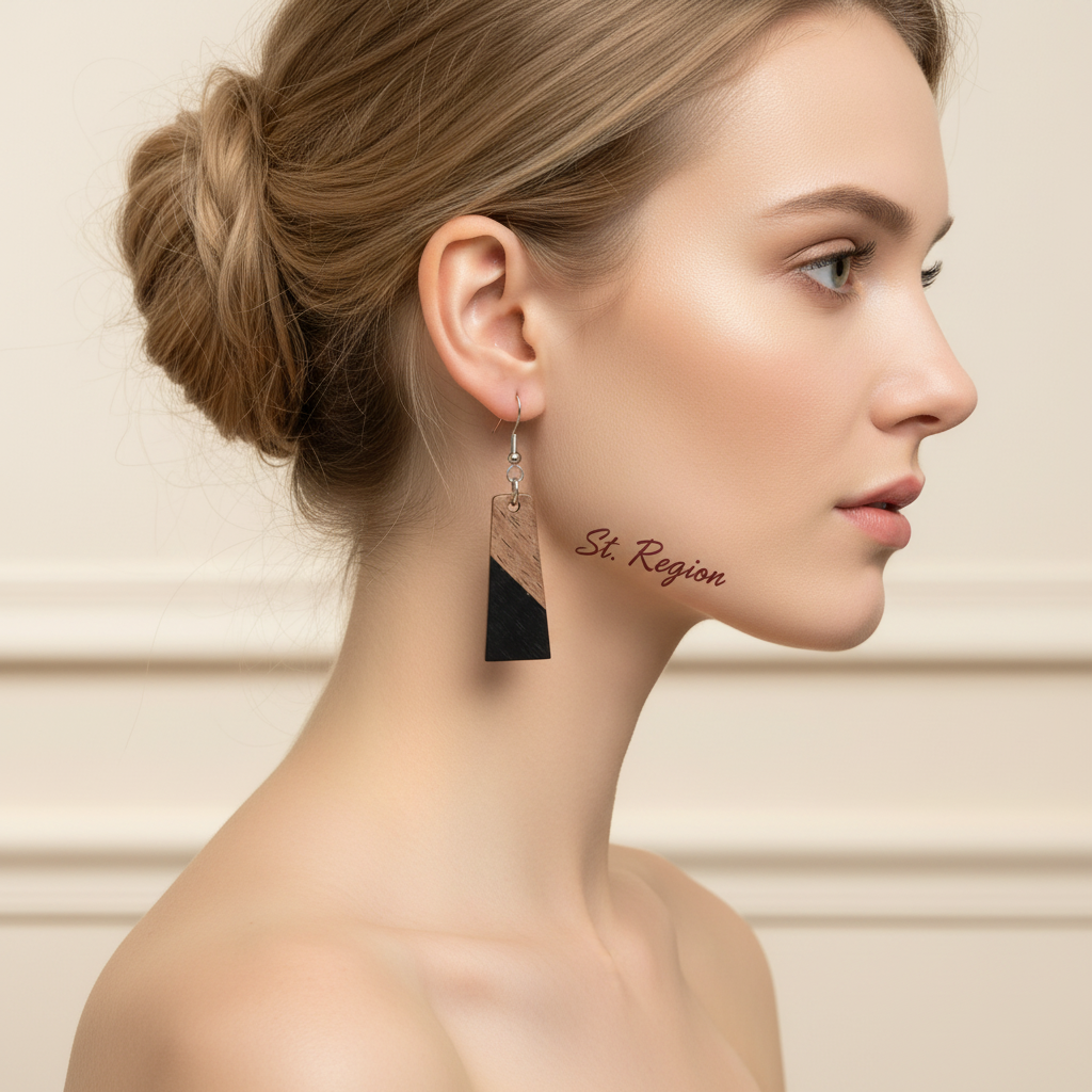 Black Resin & Wood Silvertone Patchwork Trapezoid‌ Hook Earrings - Street Region