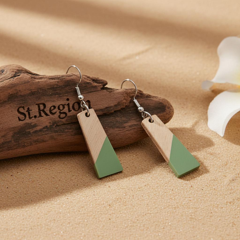 Green Resin and Wood Silvertone Patchwork Trapezoidâ€?Hook Earrings, silver drop earrings for women, front view