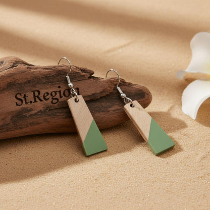 Green Resin and Wood Silvertone Patchwork Trapezoidâ€?Hook Earrings, silver drop earrings for women, front view
