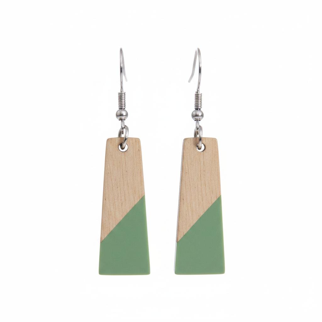 Green Resin and Wood Silvertone Patchwork Trapezoidâ€?Hook Earrings, silver drop earrings for women, side view