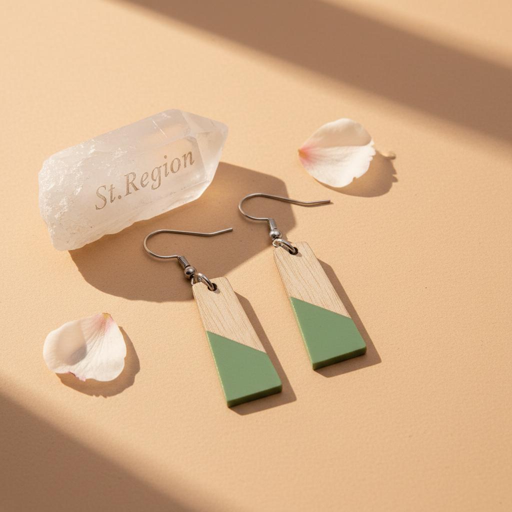 Green Resin and Wood Silvertone Patchwork Trapezoidâ€?Hook Earrings, silver drop earrings for women, detail close-up