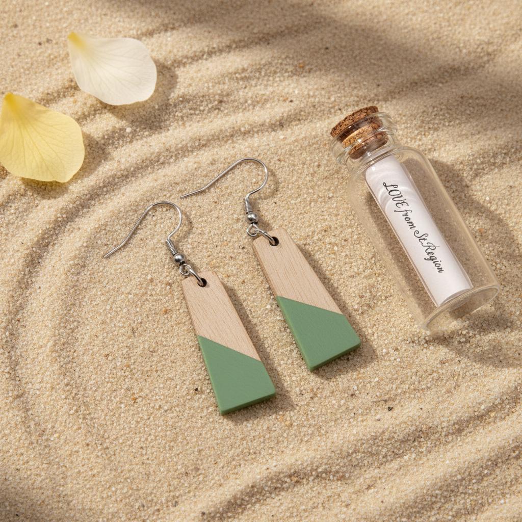 Green Resin and Wood Silvertone Patchwork Trapezoidâ€?Hook Earrings, silver drop earrings for women, lifestyle look